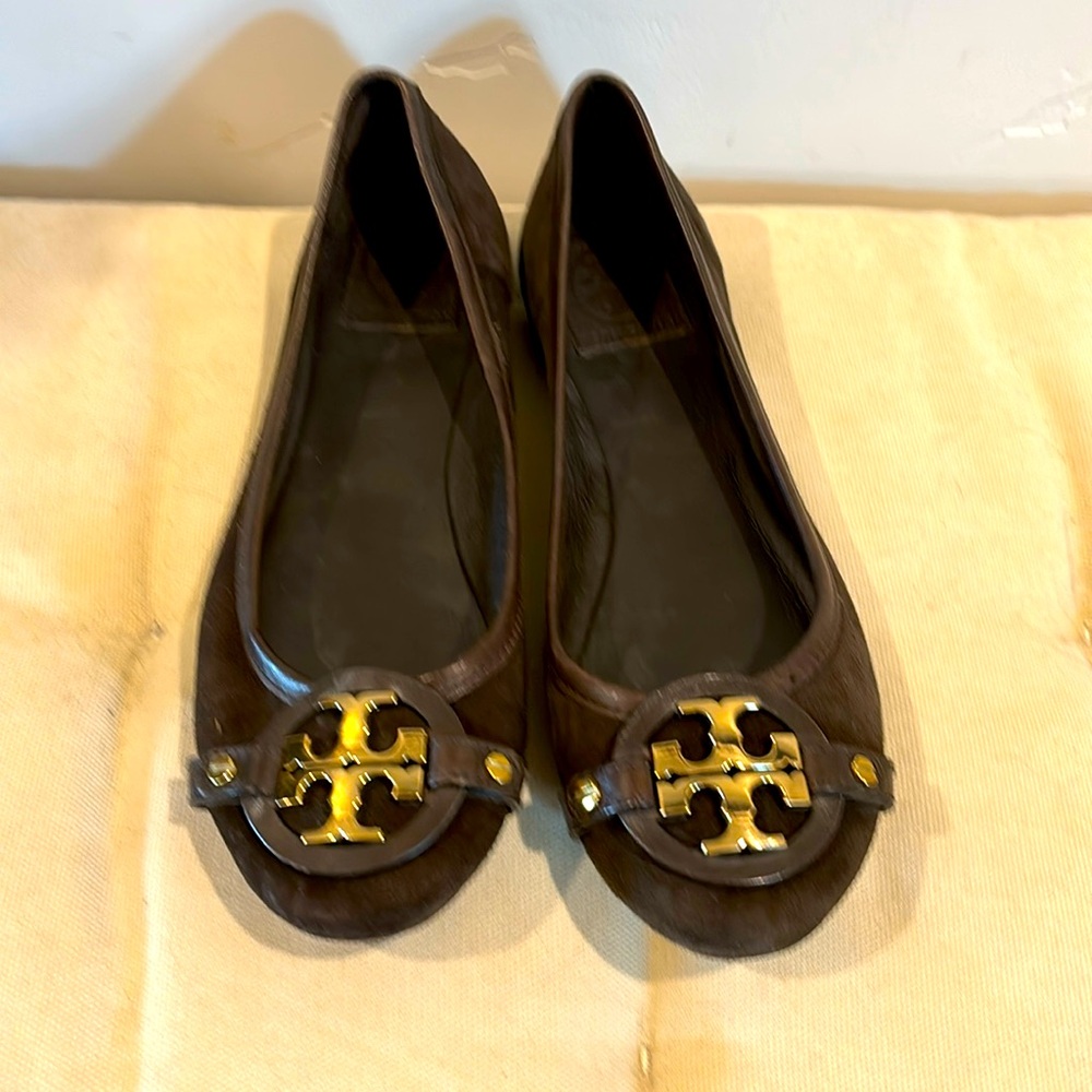 Tory Burch Reva Dark Brown Suede & Leather Ballet Flats, Sz 7, Minor Wear